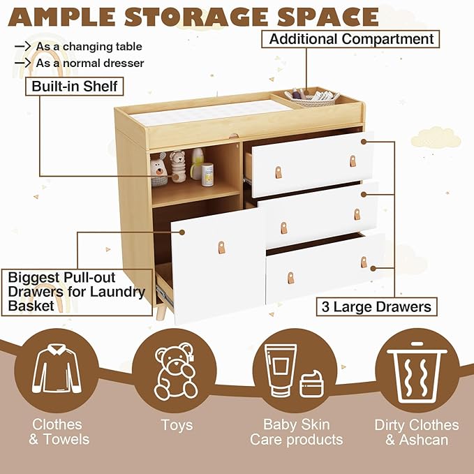 Baby Dresser Changing Table with Drawers,Shelf,Hidden Laundry Basket Storage,2 in 1 Nursery Dresser Chest for Infants, Baby Diaper Changing Station for Daycare,Bedroom,Natural