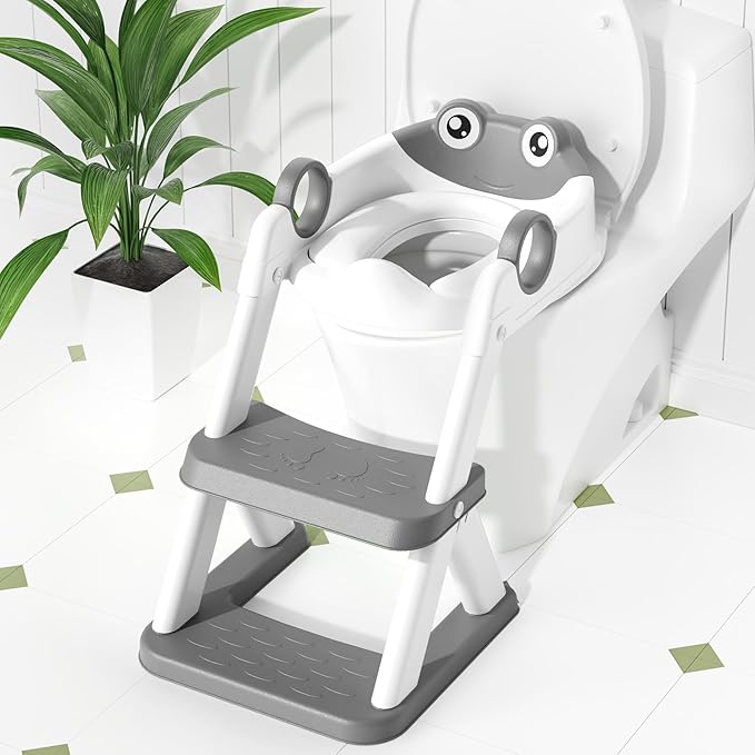 Frog Toilet Seat, Potty Training Toilet Seat for Toddler, Upgrade Potty Training 2 in 1 Toddler Toilet Seat for Boys Girls,Waterproof Soft Mat Non-slip Step Stool