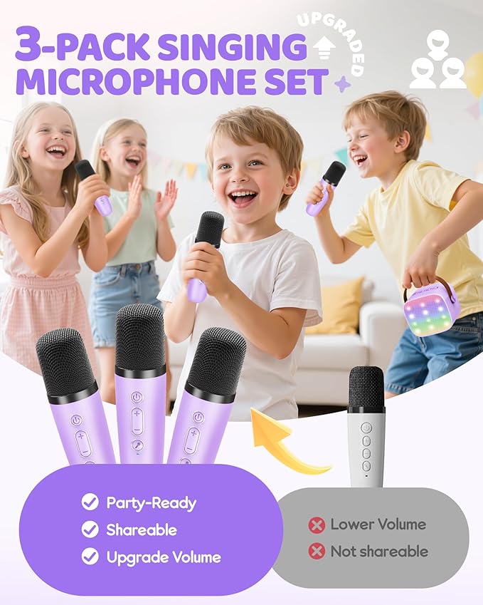 YLL Mini Karaoke Machine for Kids Adults: Portable Loud Speaker with 3 Wireless Microphones -Most Popular Birthday Party Gifts for Girls Boys 3, 4, 5, 6, 7, 8, 9, 10,11+ Year Old Toys (Purple-3 Mics)