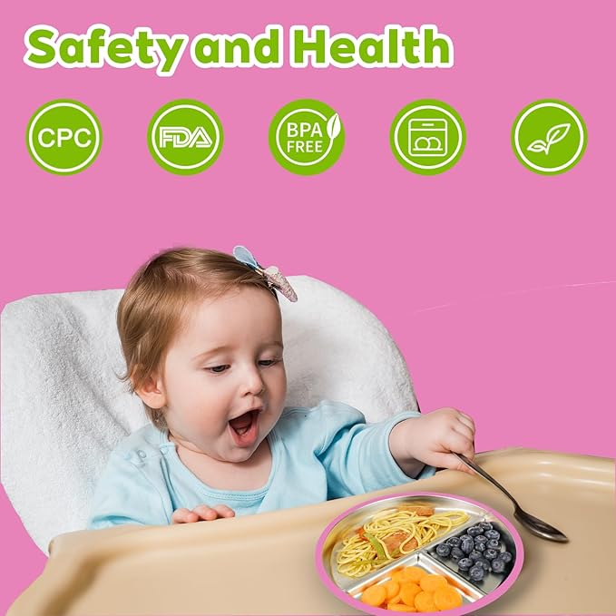 3-Pack Stainless Steel Baby Plates with Suction, BPA-Free Stainless Steel Kids Plates, 9” Divided Toddler Plate for Dishwasher Safe, Non-Slip Silicone Base, Detachable Design (Blue, Pink, Beige)