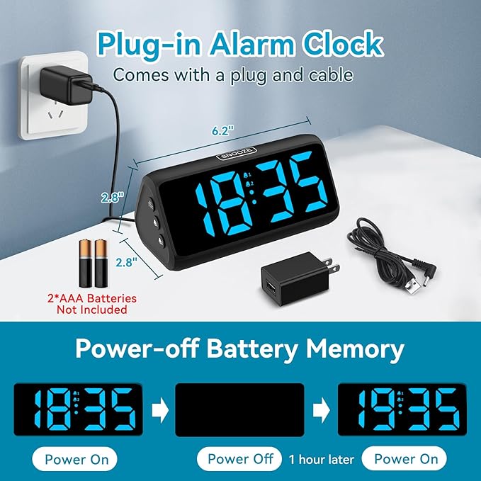 Netzu Digital Alarm Clocks for Bedrooms, Loud Alarm Clock with Dual Alarms, Bold Digits, 5 Dimmers, 4 Volumes, Snooze, Bedside Clock for Deep Sleepers Kids Teens Seniors, Plug in Clock, Easy to Set