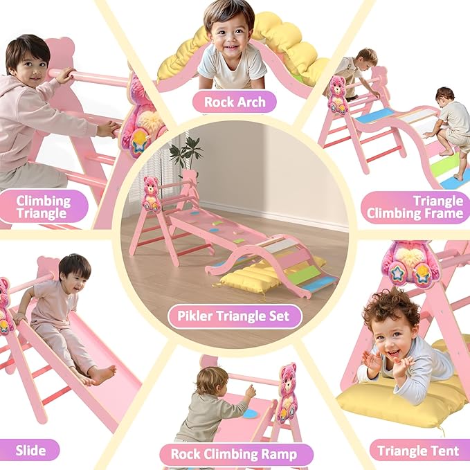Pikler Triangle Set with Cushion 9 in 1, Climbing Toys for Toddlers 1-3, Montessori Indoor Baby Playground for Safe Motor Skills Development, Large Foldable Wooden Climbing Toys Set for Playroom