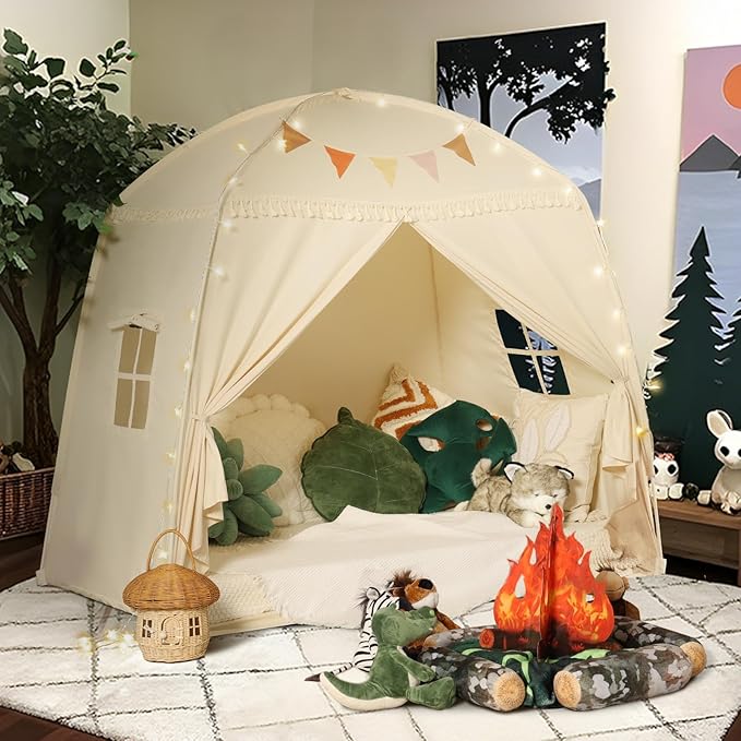 Sumbababy Large Teepee Tent for Kids: with Star Lights & Flags - Tent for Kids Indoor Toddler Teepee for Boys & Girls - Toddler Playhouse Inside Canopy Bed for Playroom Gift Toys (Cream)