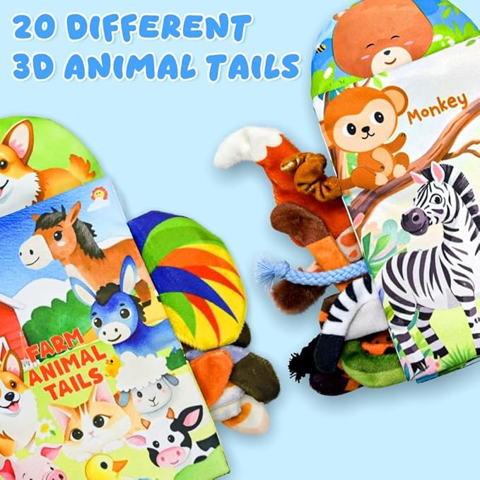 Kimicare 2 PCS Baby Books 0-6 Months, Crinkle Books for Babies, Jungle Tails Soft Cloth Book for Babies 6-12 Months, Infant Farms Sensory Book, Tummy Time Toys