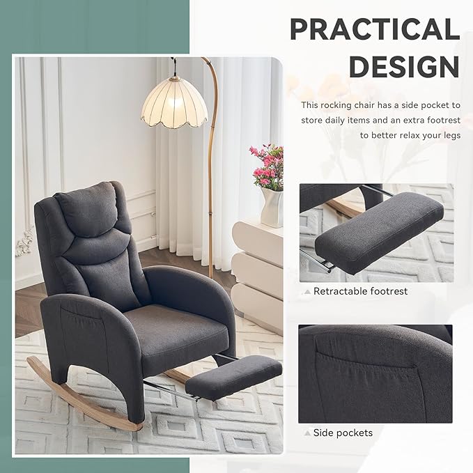 Rocking Chair Nursery, Modern Glider Chair with Adjustable Footrest and Solid Wood Legs, High Backrest Nursery Chair with Side Pocket, Rocker Armchair for Living Room Bedroom, Cotton Linen Dark Gray