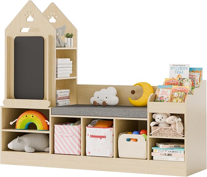 MU Kids Bookshelf with Reading Nook, Wooden Toy Storage Organizer with Chalkboard and Bench, Kids Reading Nook for Boys & Girls, Toddler Toy Shelf for Bedroom, Nursery, Playroom, Natural Oak