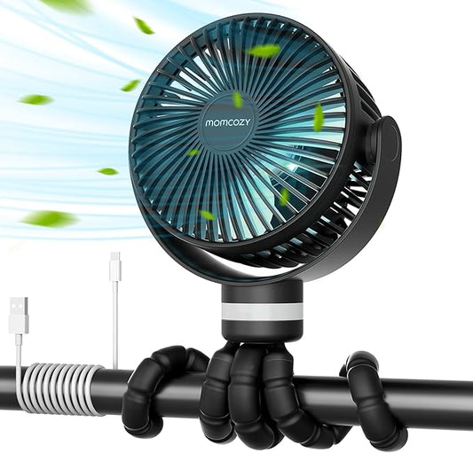 Momcozy 8000mAh Portable Stroller Fan, 27H Ultra-long Life Detachable 4 Speed 360°Rotate LED Night Light with 2 Modes, USB Rechargeable Handheld Cooling Fan for Travel/Bedroom/Car Seat