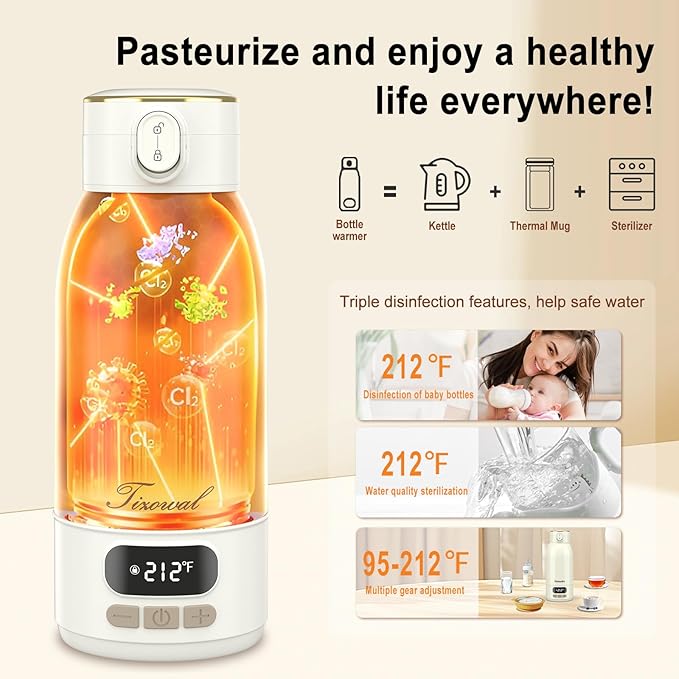 Portable Bottle Warmer for Travel Portable Milk Warmer for Baby Travel,Multi-Speed Keep Warm Function, 95-212℉ 17oz Capacity,66W Battery,24hrs Keep Warm,Best Choice for Travel Bottle Warmer on The Go