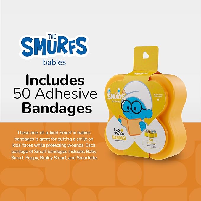 BioSwiss Bandages, The Smurfs Baby Smurf Shaped Self Adhesive Bandage, Latex Free Sterile Wound Care, Fun First Aid Kit Supplies for Kids and Adults, 50 Count Case