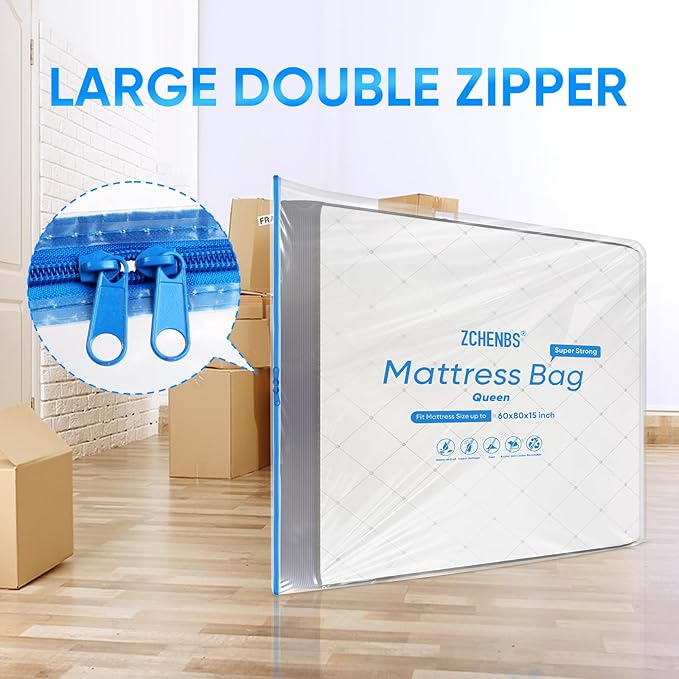 ZCHENBS® – Mattress Bags for Moving and Storage,Mattress Bag with Zippers,5 Mil Ultra-Thick Bed Bag,Waterproof,Anti-Tear,Heavy-Duty Mattress bag (Transaparent/Blue, Queen-(1 Pack))