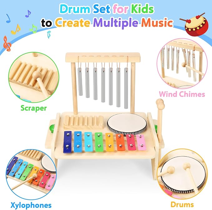 Kids Drum Set,Baby Musical Instrument for Toddler,Wooden Xylophone for Toddlers with Baby Drum Set and Wind Chime,Montessori Musical Instruments Toys for Kids,Musical Toys for Toddlers Birthday Gift