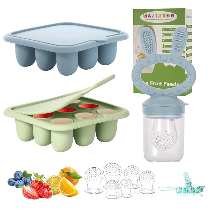 WAJIAYON Baby Breastmilk Popsicle Molds & Baby Fruit Feeder (3 Pack), Baby Food Freezer Tray Storage Containers, Silicone Teething Pacifier Feeder and Teether for Babies,Baby Feeder - Green