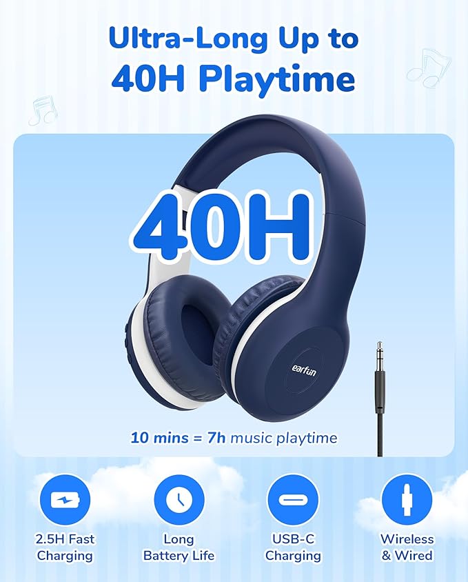 EarFun K2 Kids Bluetooth Headphones, Kids Headphones with Volume Limited, 40H Playtime, Built-in Mic, Stereo Sound, Foldable Over-Ear Headphone for School/Travel/iPad/Tablet, Blue