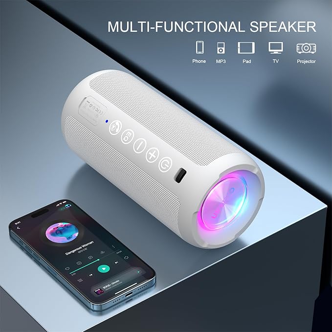Ortizan Portable Bluetooth Speaker: IPX7 Waterproof, 24W Loud Sound, Deep Bass, Bluetooth 5.3, LED Lights, Wireless Stereo Pairing, 30H Playtime, for Home/Outdoor/Party/Beach, Birthday Gift (White)