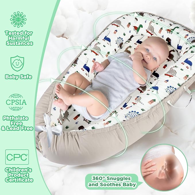 Baby Lounger - Baby Lounger for Newborn 0-24 Months, Breathable and Soft Cotton Cover Baby Nest, Portable Cozy Tummy Time Lounger for Home and Travel, Ideal Baby Essentials & Shower Gifts