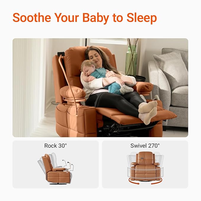 Rocking Chair Nursery with Adjustable Armrests, Electric Glider Recliner Nursing Chair for Breastfeeding, Power Swivel Recliner Chairs with USB Port and Storage, FSC Certified (Mocha)