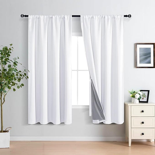 XWZO 100% Blackout Curtains 63 Inches Length with Tiebacks- Full Shade Window Drapes Thermal Insulated Double Layer with Black Liner for Bedroom/Living Room, Rod Pocket, White, W52 x L63, Set of 2
