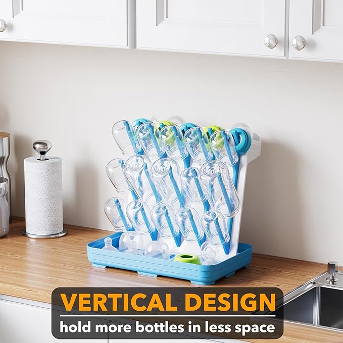 SpaceAid Baby Bottle Drying Rack with 20 Hooks, Space Saving Kitchen Bottles Rack Dryer, Vertical Baby Bottle Holder Organizer for Countertop Storage Accessories (White and Blue)