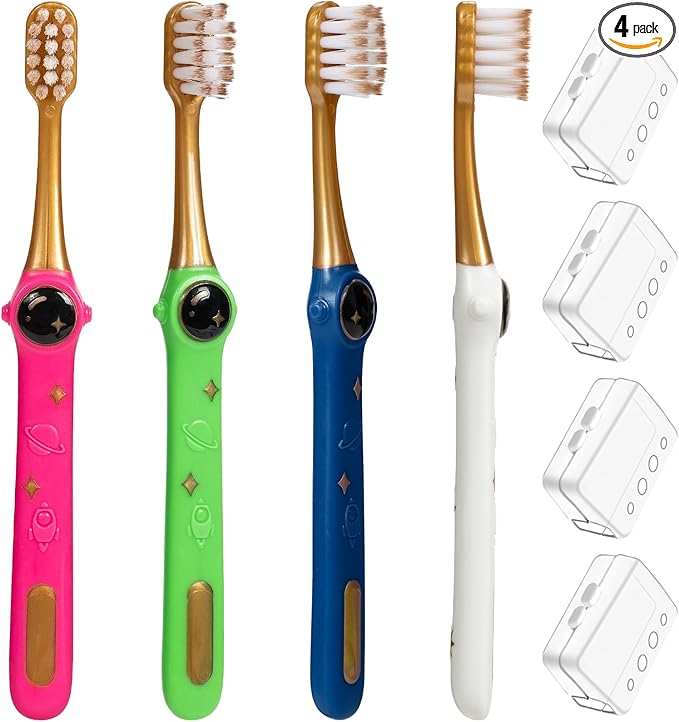 Toddler Toothbrush, Kids Toothbrush, Galactic Adventures Style, Toddler Age 2-4 and Up, Soft Bristles with Caps, Pack of 4