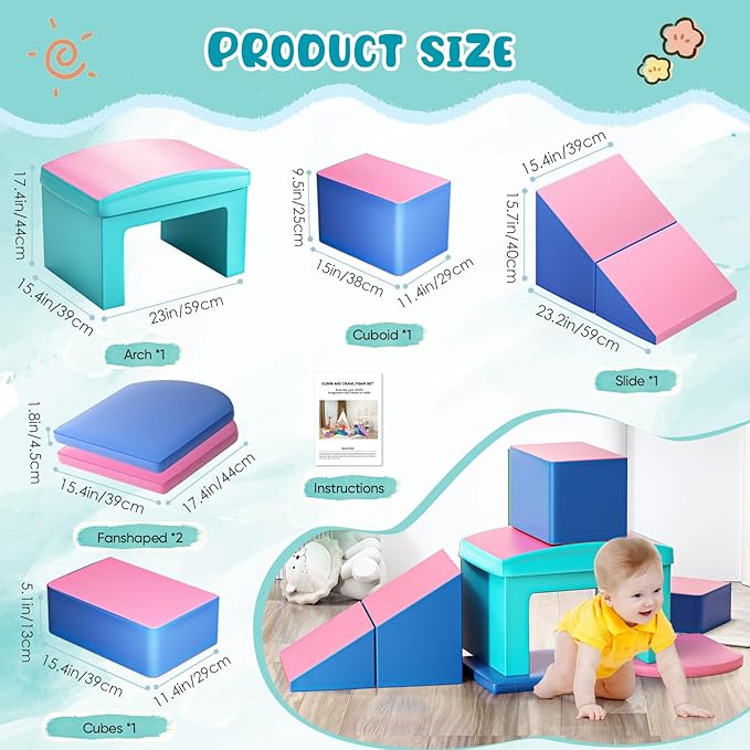 Lischwert Foam Climbing Blocks for Toddlers, Toddler Climbing Toys Indoor with Slide Stairs and Ramp Soft Play Climbing for Toddlers, 6 Pieces