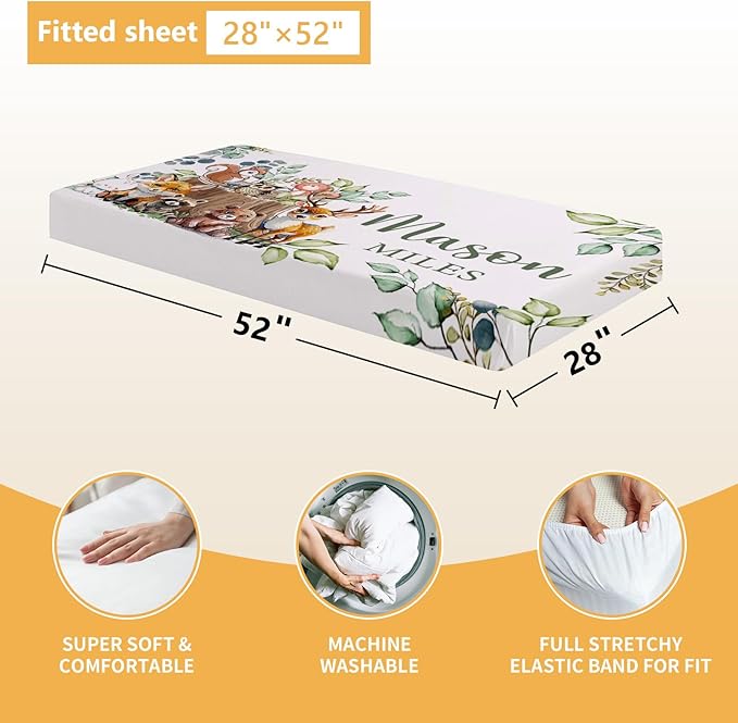 Personalized Baby Bedding Set, 5 Pcs Custom Baby Crib Sets with Name, Toddler Bedding Set for Baby Boys Girls, Forest Animal Double Layer Nursery Bedding Set, Customized Gifts for Infants Kids