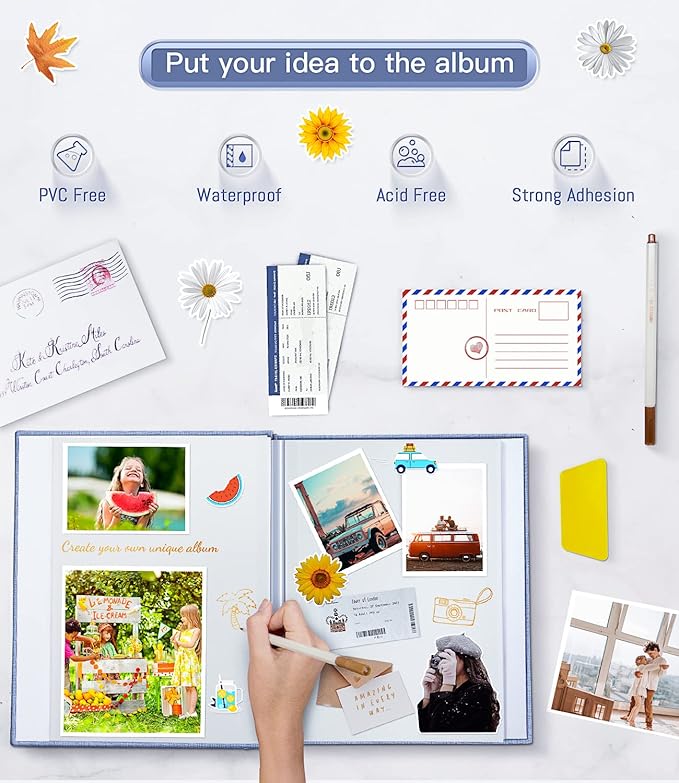 popotop Photo Album Self Adhesive with Picture Display Window,60 Pages DIY Scrapbooking Supplies Kit for 4x6 10x12 Picture,Linen Cover Memory Book for Baby Wedding, with Scraper and Metallic Pen