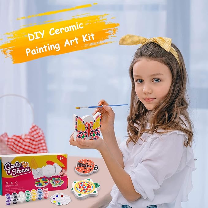 Weilim Paint Your Own Stepping Stones 5-Pack for Kids, Boys & Girls Ages 3-12, Butterfly, Turtle, Flower, Tree & Ladybug DIY Outdoor Garden Art & Craft Ceramic Painting Set