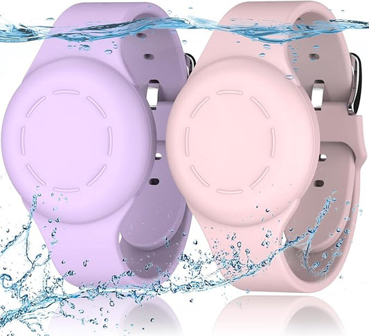 R-fun Waterproof for Air Tag Bracelets [2 Pack] Compatible with Apple Air Tag Finders with Soft Silicone,Anti Lost GPS Item Finders Case Cover,Pink/Light Purple