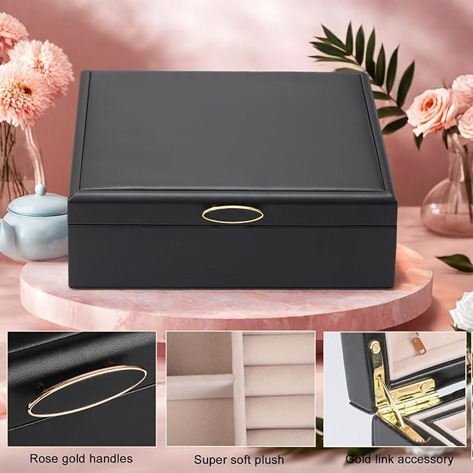 2-layer jewelry box，Jewelry Organizer with Handle，with hanging necklace hooks, detachable jewelry trays, suitable for storing a large amount of jewelry gift box (Large-Black)
