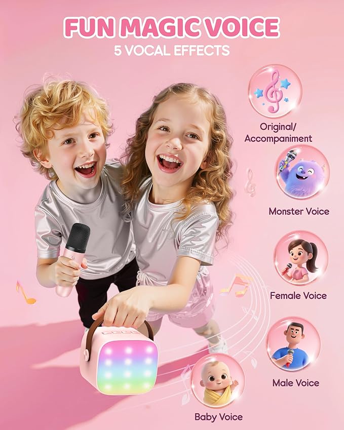YLL Mini Karaoke Machine for Kids Adults: Portable Loud Speaker with 4 Wireless Microphones -Most Popular Birthday Party Gifts for Girls Boys 3, 4, 5, 6, 7, 8, 9, 10+ Year Old Toys (Pink-4 Mics)