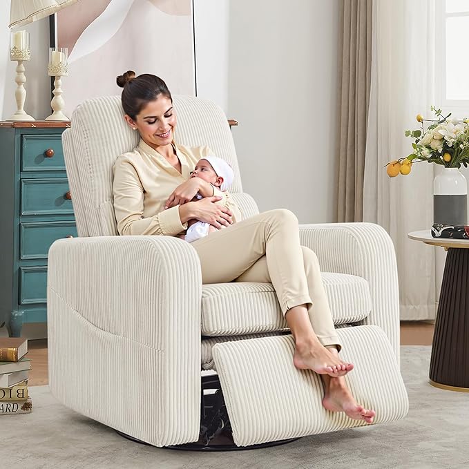 Swivel Rocker Recliner, Oversized Manual Nursery Glider Rocking Recliner Chair with Removable Cushion, Upholstered Swivel Reclining Chair for Nursery Living Room Bedroom, Corduroy White