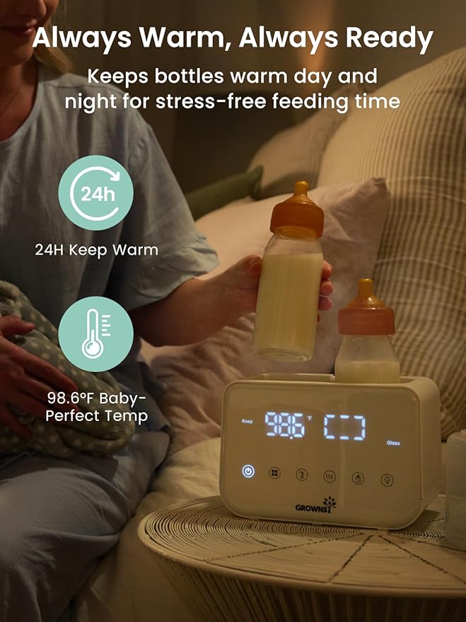 Baby Bottle Warmer, Grownsy 10-in-1 Fast Bottle Warmer Accurate Temp Control, with LCD Display, Timer, Defrost, Sterili-zing, Keep 24H, Double Bottle Warmer for Breastmilk& Formula, Heat Baby Food
