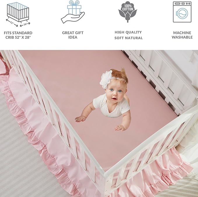 Brandream Farmhouse Crib Bedding Sets for Girls and Boys | 3 Piece Nursery Set Pink Ruffles | Baby Comforter, Fitted Crib Sheet, Crib Skirt Included,100% Cotton Percale