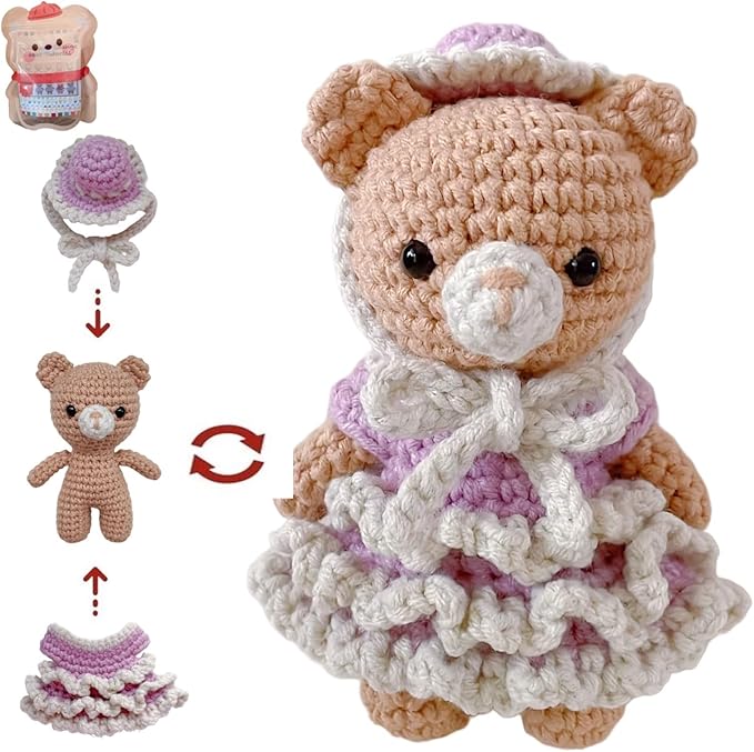 LoopMap Crochet Kit for Beginners - DIY Amigurumi Bear with Removable Dress & Accessories - Step-by-Step Video Tutorials, Extra Yarn, Crochet Tools, Handmade Gift for Kids & Adults (Bear K02, Purple)
