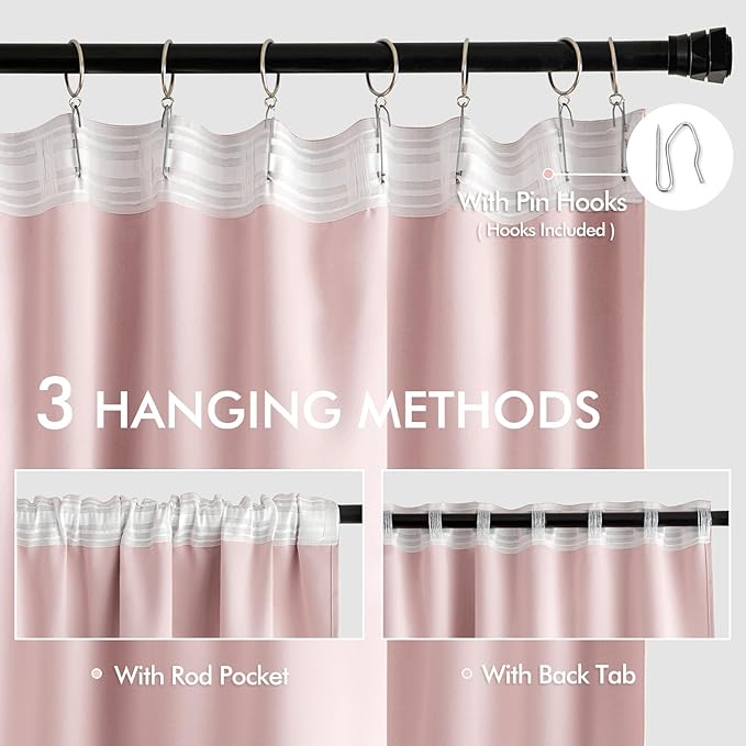 MIULEE Baby Pink Back Tab Blackout Curtains 108 Inch Long 2 Panels Set for Living Room Bedroom Privacy, Rod Pocket/Pinch Pleated Extra Long Thermal Insulated Room Darkening Light Blocking Drapes