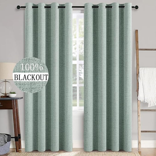 MIULEE Linen Texture Curtains for Bedroom Solid 100% Blackout Thermal Insulated Seafoam Green Curtains Grommet Room Darkening Drapes for Living Room Nursery 52x72 Inch (2 Panels)