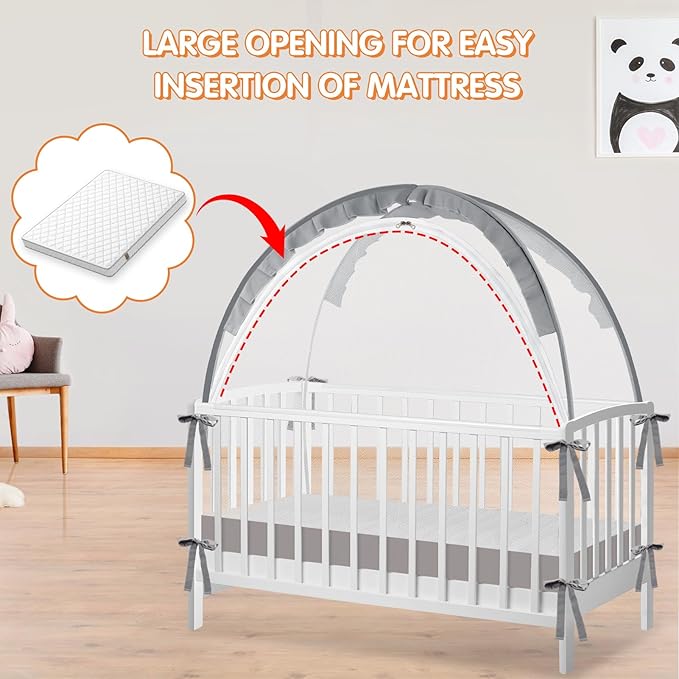 Crib Tent to Keep Baby from Climbing Out - Crib Net to Keep Baby in - Pop Up Breathable Cribs Cover - Canopy with Upgrade Strong Mesh and Durable Zipper (Grey, Lager)