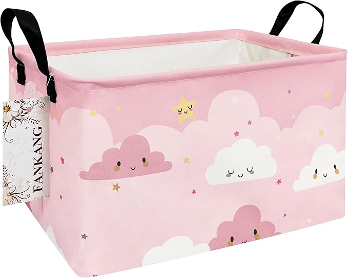 FANKANG Storage Bins, Nursery Hamper Canvas Laundry Basket Foldable with Waterproof PE Coating Large Storage Baskets for Kids Boys and Girls, Office, Bedroom, Clothes,Toys(Rec-pink cloud ）