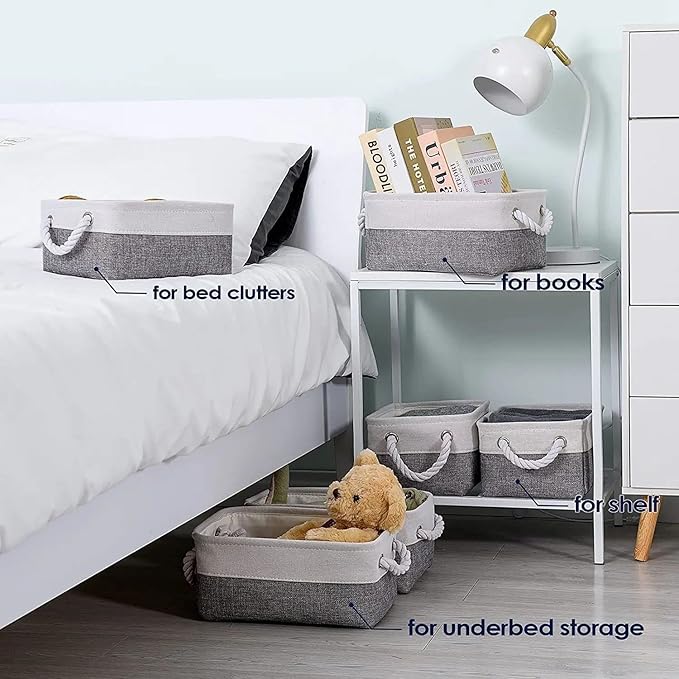 TcaFmac Small Storage Baskets for Shelf 6 Pack Canvas Storage Basket with Handles Fabric Storage Basket for Organizing Storage Bin (White and Grey, 12x8x5")