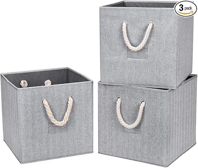 Robuy Cube Storage Bins,Grey Fabric Foldable Storage Bins,Set of 3 Stroage Boxes with Cotton Rope Handles for Organizer Home,Office, Nursery 13x13x13 inch