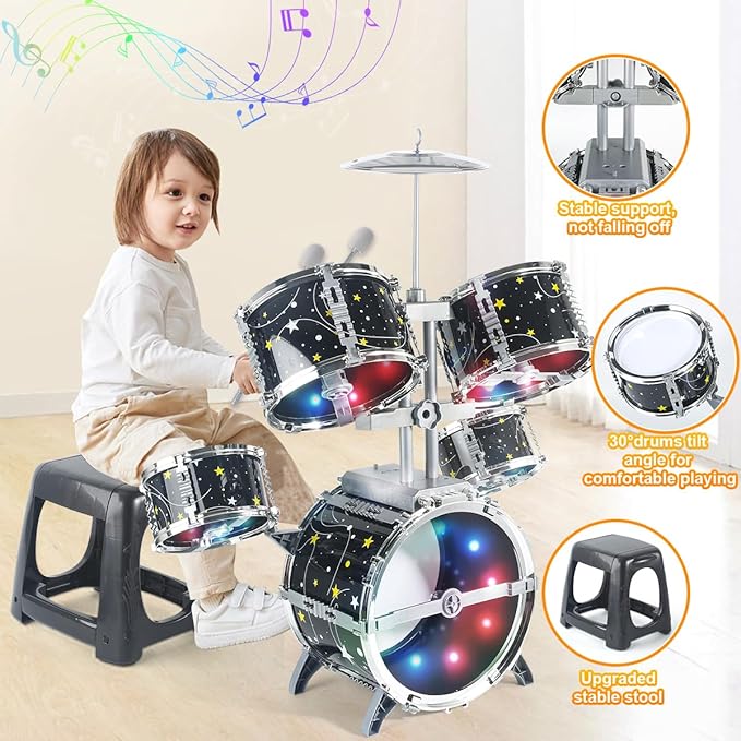 Kids Drum Set for Toddlers 1-3, Upgraded Jazz Drum Set for Kids, Musical Instrument Toys & Lights & All Plastic, Percussion Beginner kit for Boys Girls Toddlers Aged 3-5 5-7