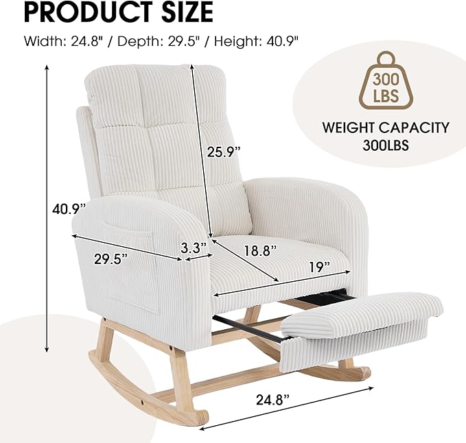 NIOIIKIT Nursery Rocking Chair, Corduroy Upholstered Rocking Chair with Adjustable Footrest, Tufted Rocker Chair with Side Pocket, Glider Rocker for Living Room, Bedroom (Cream Retro)
