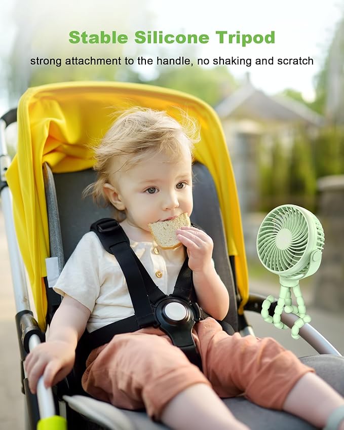 Stroller Fan Clip on for Baby, 4000mAh Rechargeable Battery Operated, Flexible Tripod, 3 Wind Speed, 360° Rotatable, Small Portable Fan for Car Seat Crib Golf Cart Beach Travel, Green