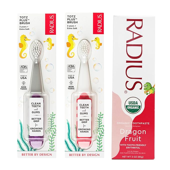 RADIUS Toddler Toothbrush & Toothpaste Bundle for Kids, 2 Pack Totz Plus Silky Soft Brush in White/Coral & Cool Grey/Amethyst Purple and 1 Count Dragon Fruit Toothpaste, for Children 18 Months & Up
