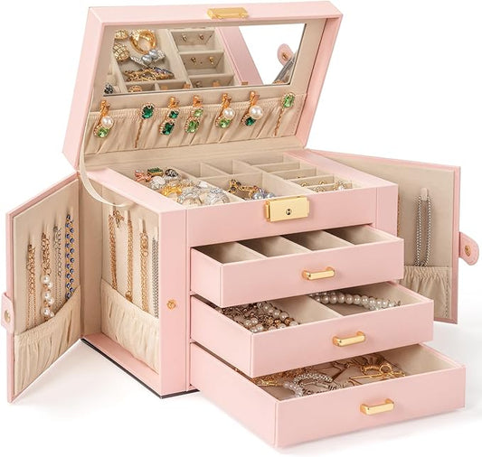 AKOZLIN Large 4-Tier Jewelry Box Leather Jewelry Storage Organizer with 3 Drawers Lockable for Women Girls Ring Necklace Earring Bracelet Watches Holder with Mirror Pink