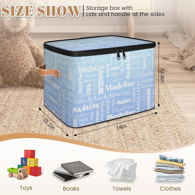 Custom Storage Basket with Name, Personalized Storage Bins with Zipper Lid, Foldable Fabric Storage Box Large capacity with Handle White Blue