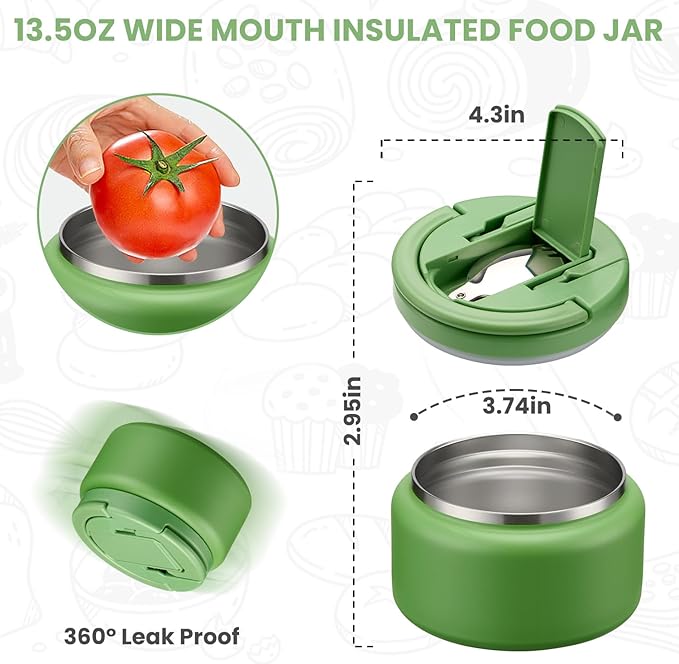 Soup Thermo for Hot Food Kids 13.5oz Lunch Containers with Buckle Lid Wide Mouth Hot Food Jar Vacuum Insulated Stainless Steel Bento Box Leakproof with Spoon(Green)