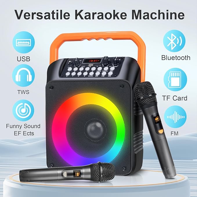 Karaoke Machine,Karaoke Machine for Adults with 2 Wireless Microphones/6.5IN Speaker/PA System with Remote Control/LED Light/Remote Control,Portable Bluetooth Karaoke Speaker Supports TWS/REC/AUX/USB