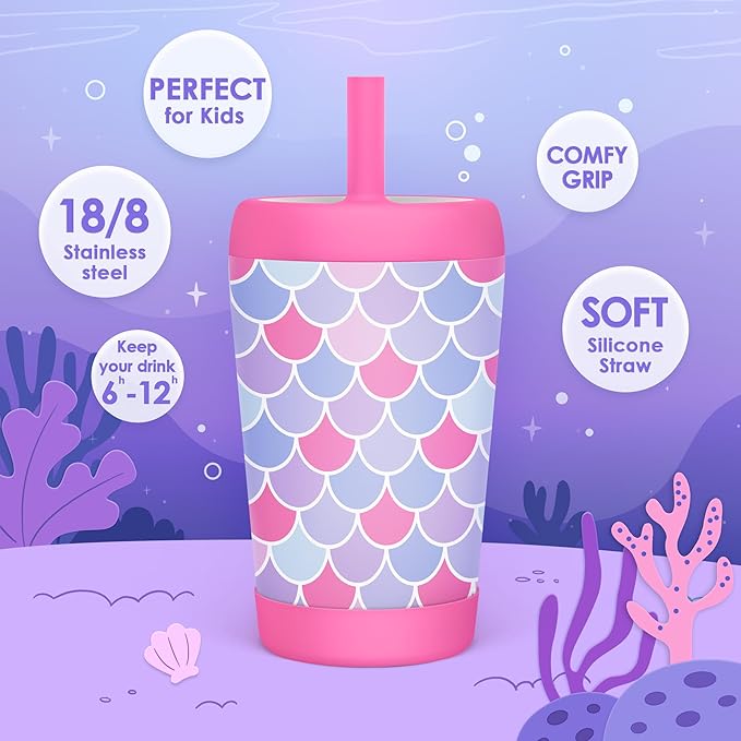 Kid Insulated Stainless Steel Tumbler with Silicone Straw, 12oz Sippy Cup for Kids (Mermaid Scale)