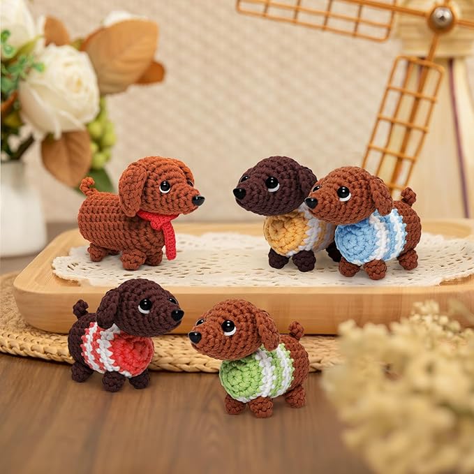 Mewaii Crochet Kit for Beginners – 5 Easy Dachshund Dog Crochet Kits with Step-by-Step Video Tutorials, Pre-Started Yarn, 40% Extra Yarn, Beginner Crochet Kit for Adults & Kids